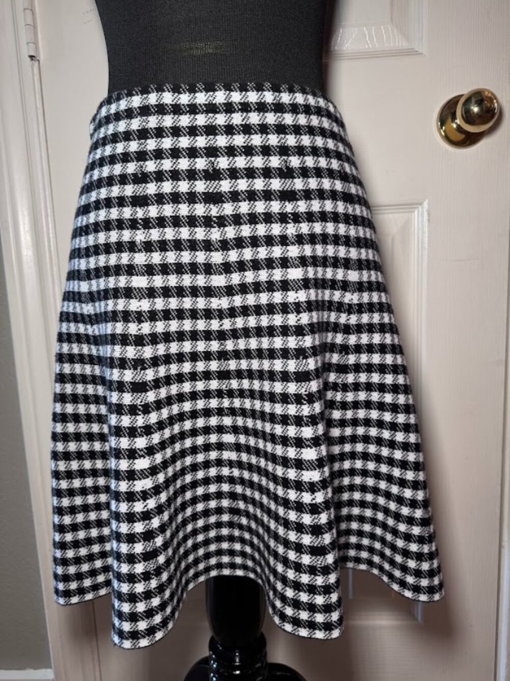 Quiet Luxury Gingham Jacquard Knit Skirt Preppy Black White Mini Flare Sm